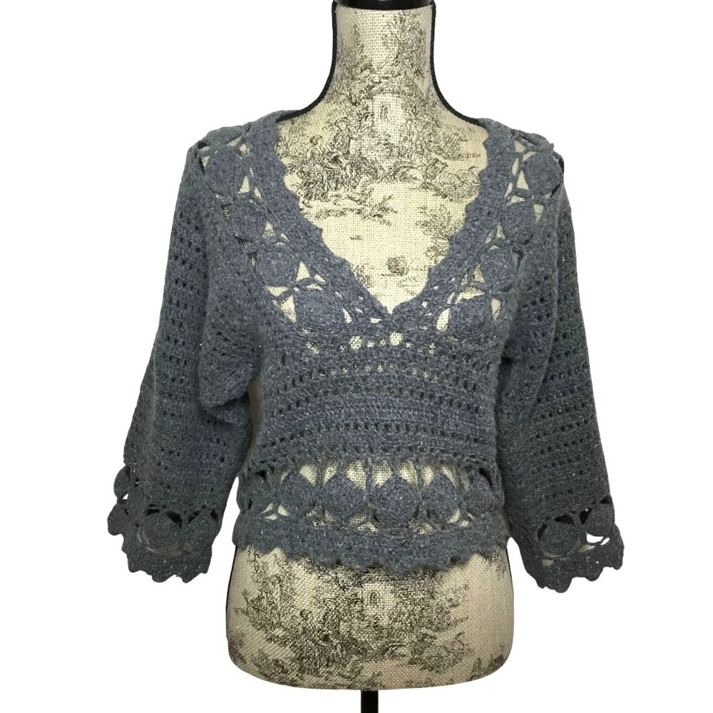 ANTHROPOLOGIE Knitted Knotted Orenburg Gray Pullover Open Knit Artisan Sweater S
